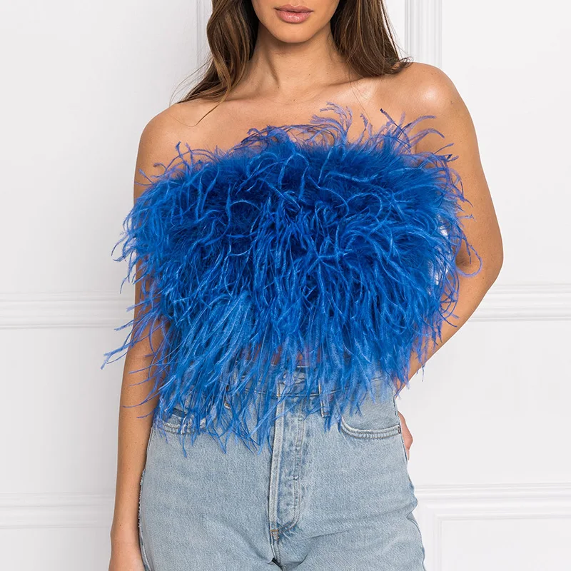 

Fashion Women Ladies Summer Ostrich Feather Fur Top Feather Corsets Party Ostrich Feather Crop Tops