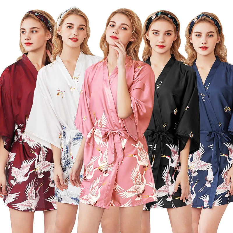 

In Stock Women's Soft Fairy crane print Short Silk Satin Kimono Robe Silk Sleepwear Bridal Pajamas, Picture shows
