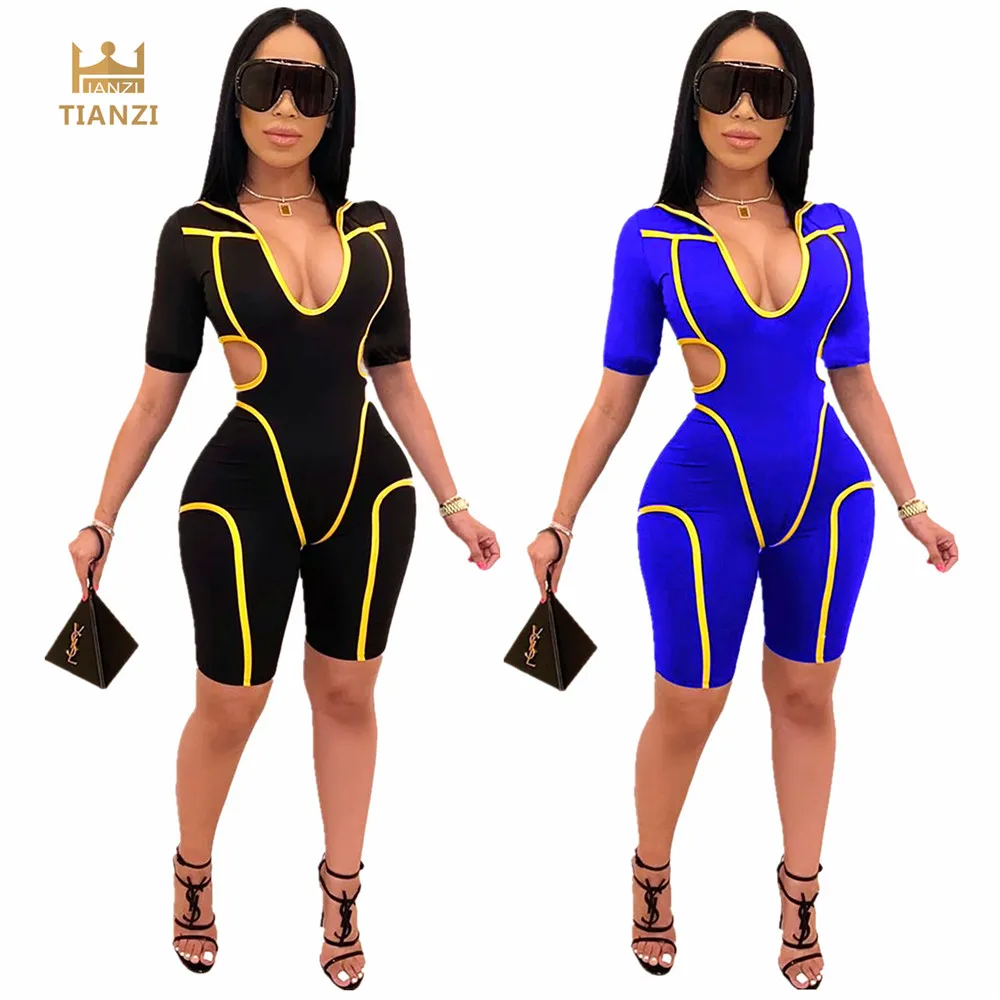 

M6006 - women casual short sleeve bandage jumpsuit romper with hood