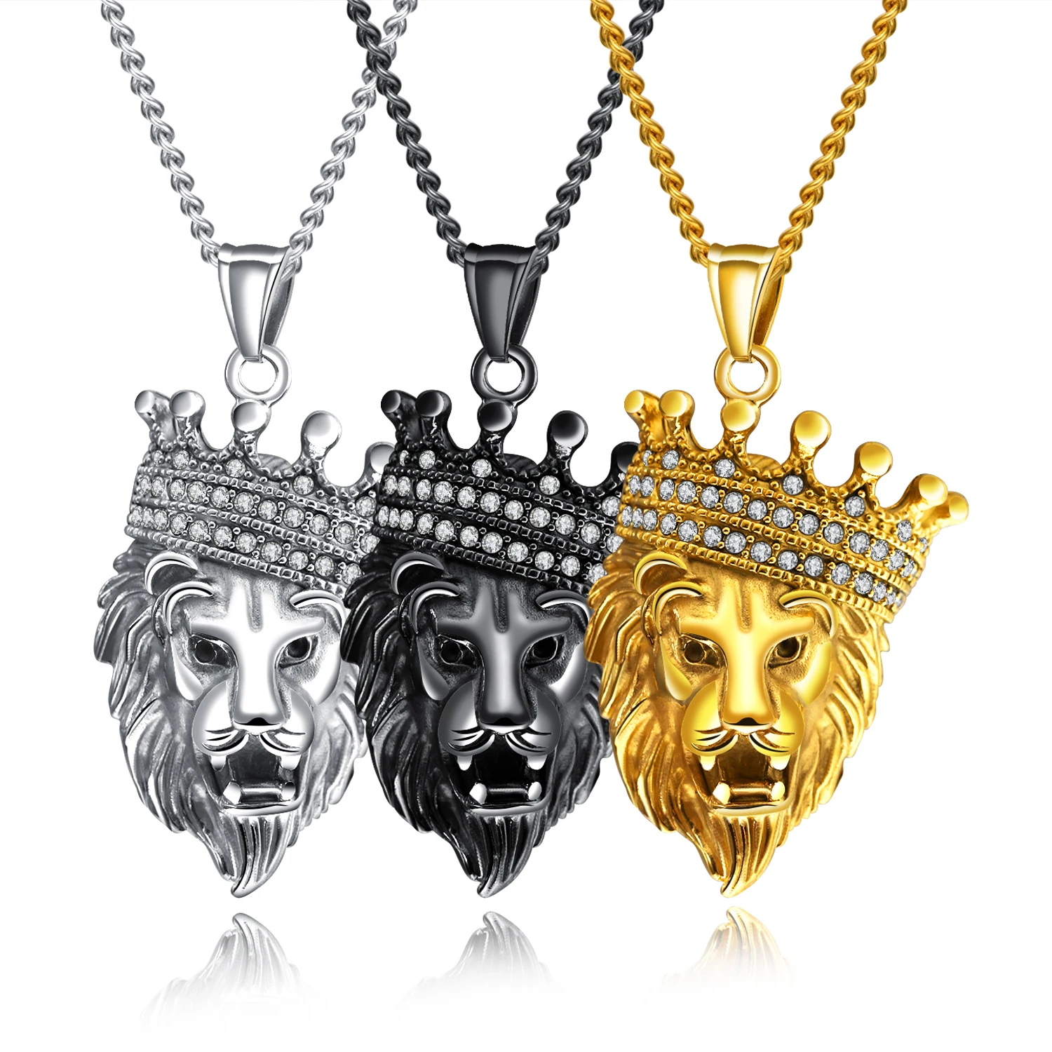 

Mens Hip Hop Jewelry Lion Head with Crown Pendant Iced Out Crystal Necklaces with Curb Cuban Chain for Boys Personalized Jewelry, Silver, black, gold