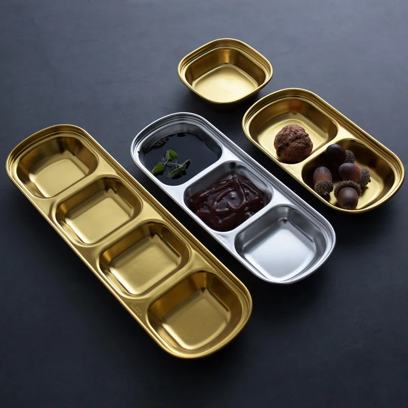 

304 Stainless Steel Pepper Roast Meat Sauce Dishes Wasabi Bowl Separate Sushi Vinegar Soy Plates Tableware Food Seasoning Tray, Silver/gold