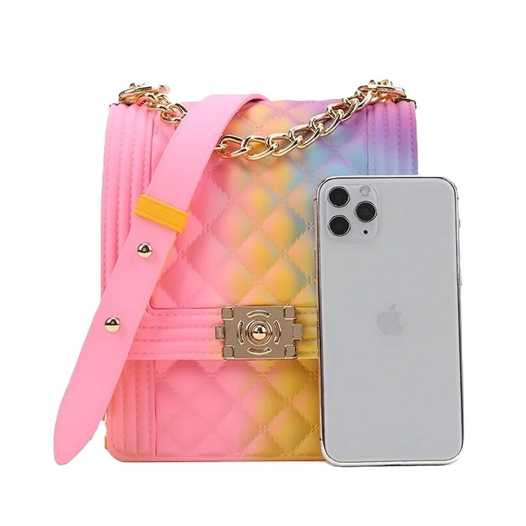 

Fashion Luxury Rainbow Candy Color PVC Purse Chain Lady Colorful Women Jelly Bag, As display