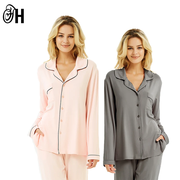 

Wholesale Manufacturer private label solid color Long Sleeve Piped Bamboo Cotton Button Down women sleepwear pyjamas