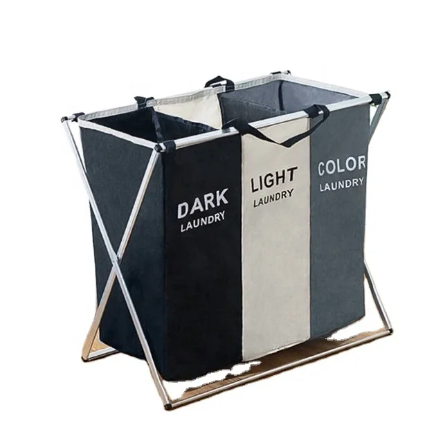 

1 pc retail laundry storage bag Three Grid Home Laundry Hamper Good quality X-Shape Foldable Dirty Laundry Hamper, White ande balck