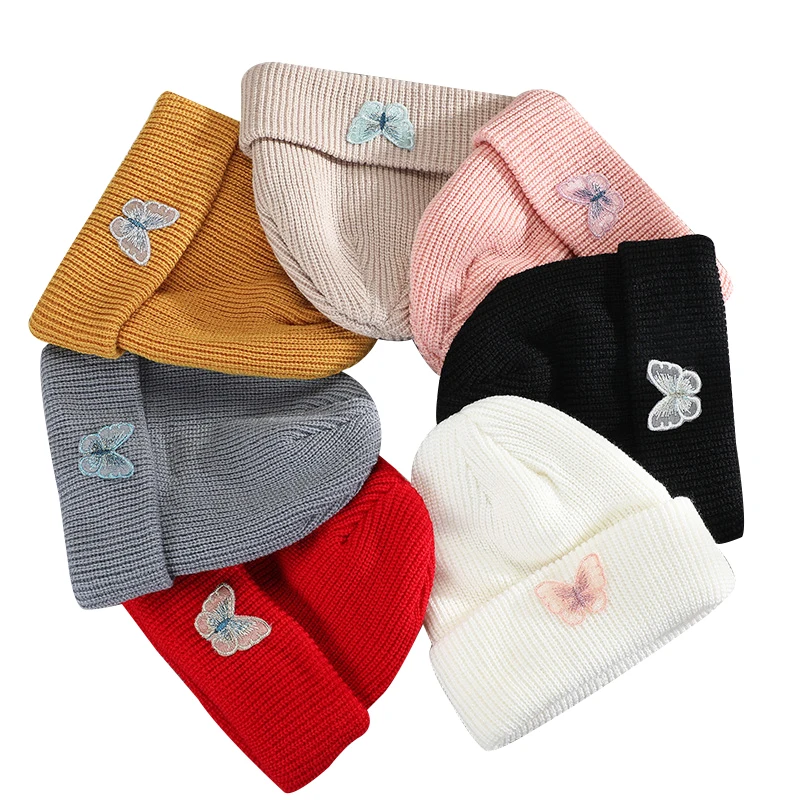 

24 hours design Wholesale Embroidery Butterfly Pattern Warm Winter Caps unisex Knitted custom Beanie Hats