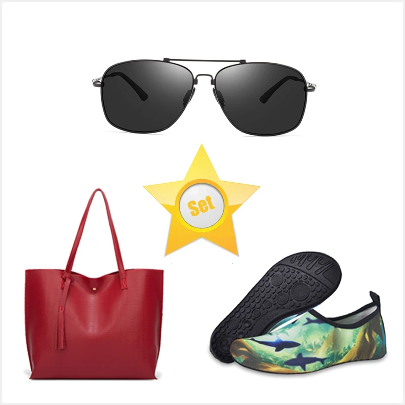 

3 piece set women Water Sports Shoes Quick-Dry Yoga Socks Lens Metal Retro Shades Sunglasses Tote Purse Handbags for women, Accept customized color