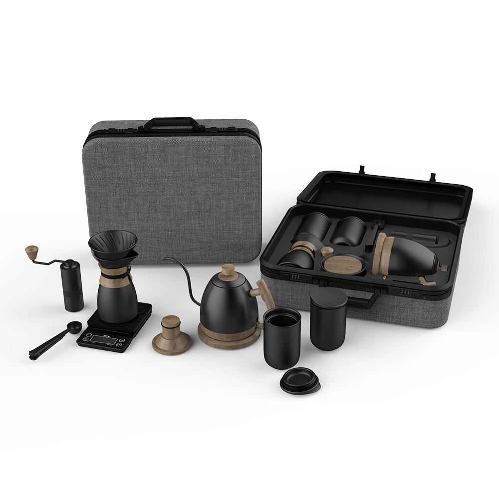 

DHPO&DDHBA 2020 New arrival v60 hand drip ceramic coffee maker grinder gift set high quality travel suitcase