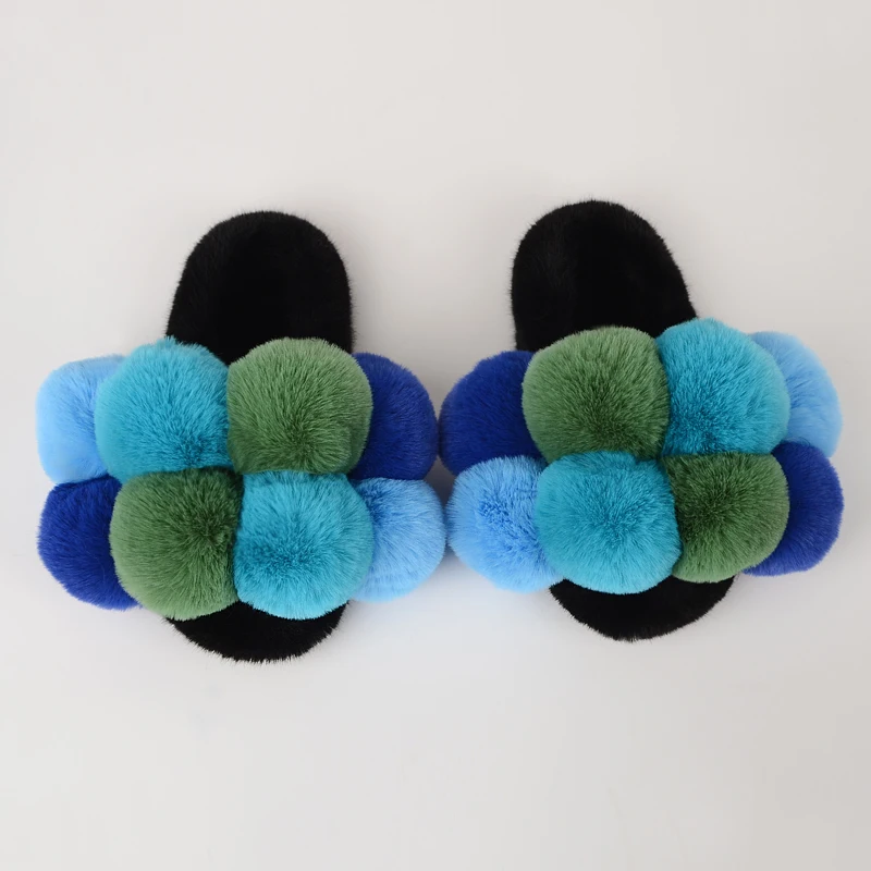 

Winter Newest design Plush Wholesale fashion lady fur plush indoor slippers flat colorful faux fur ball slides for women