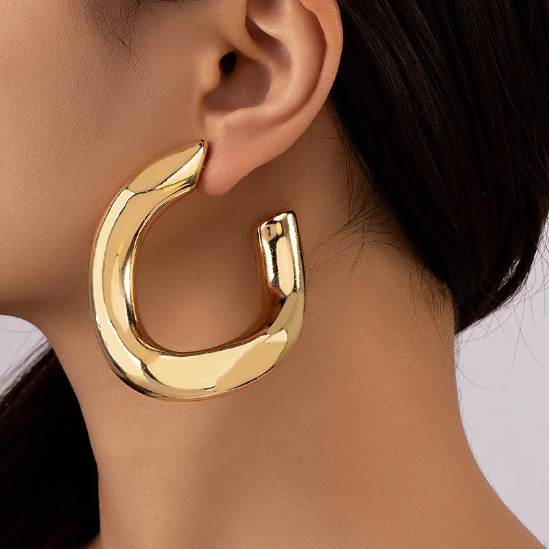 Mirror geometric chunky Exaggeration oversize gold hoop oval hoop earrings