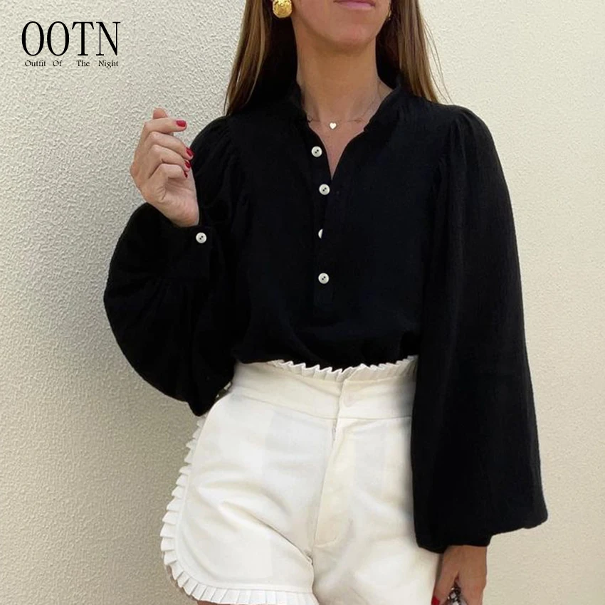 

OOTN Solid Cotton Single Breasted Elegant Top Women Loose Autumn Stand Collar Lantern Sleeve Office Lady Blouses And Shirts