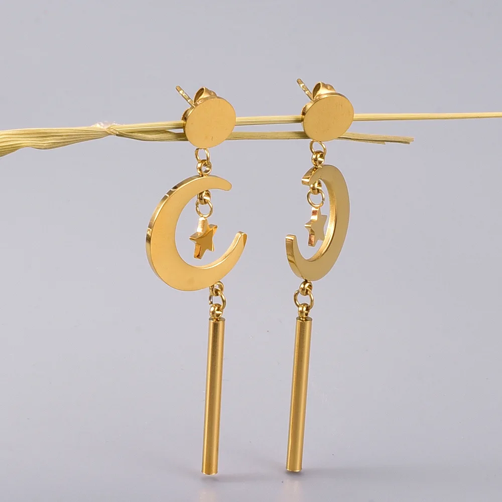 

18K Gold Filled Stainless Steel Moon Star Shape Drop Earrings Newest Design Star Moon Long Stick Drop Earring For Women