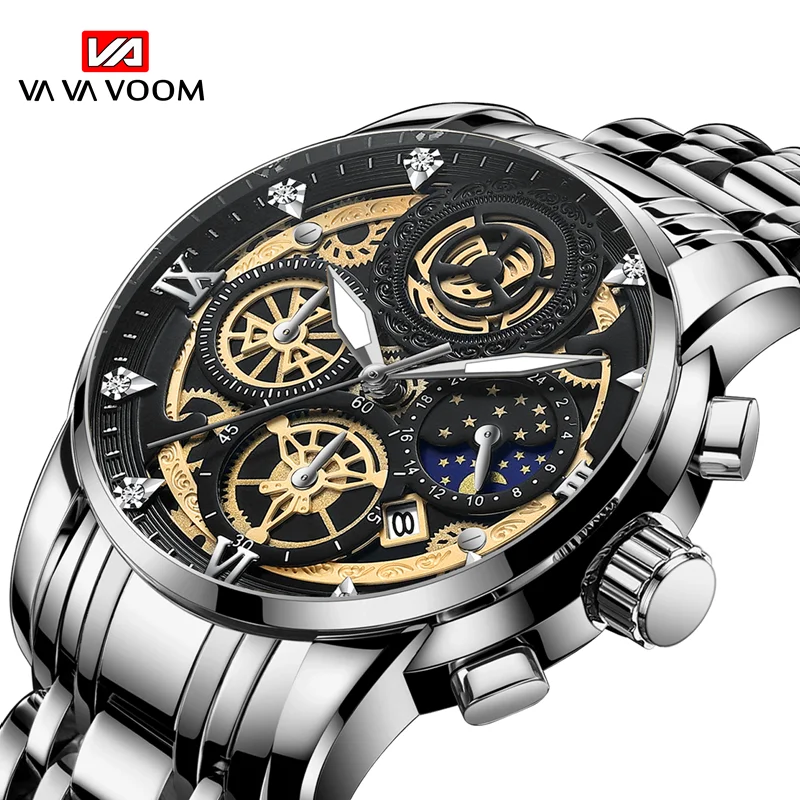 

VAVA VOOM Original Watch Men's Waterproof Stainless Steel Quartz Analog Fashion Business Sun Moon Star Wristwatches