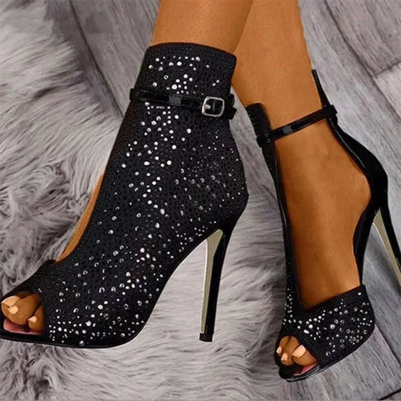 

New Arrival Elegant PU Leather Rhinestone High Heels Shoes Fashion Sexy Plus Size Open Toe Sandals for Women and Ladies, Black