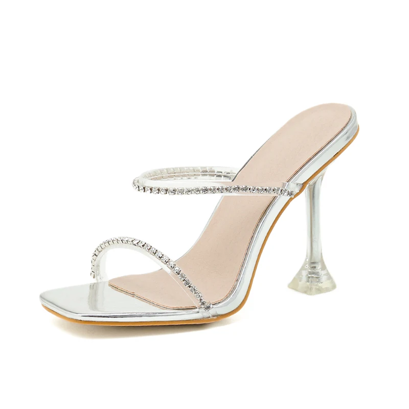

101450 2020 Summer Wholesale Sexy Ladies Shoes Rhinestone Sandals Slippers High Heels for Party Club heels for ladies, Silver