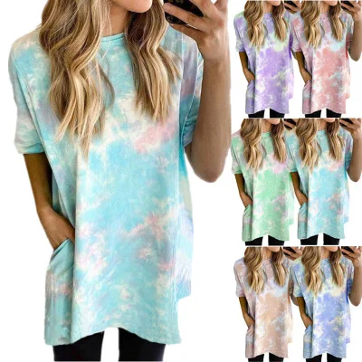 

wholesale summer short sleeve long shirt with pockets gradient color printed dress fat women plus size clothing