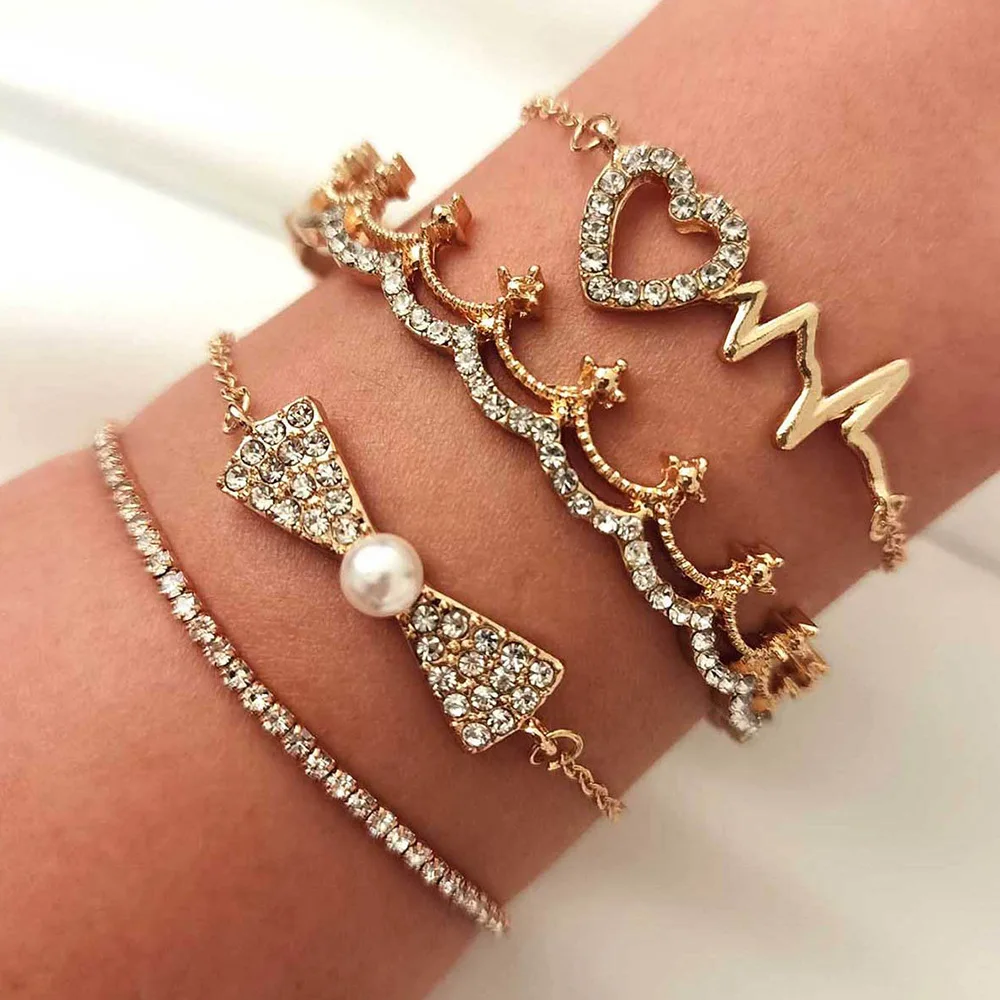 

4 Pcs/Set Fashion Women Bracelets Set Exquisite Party Bowknot Pearl Crown Heart Crystal Cuff Bracelet Charm Female Jewelry Gift, Gold