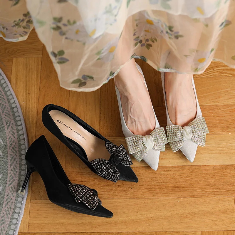 

New Wedding Rhinestone Sequin Stiletto Bow Pointed Shoes High Heels Women Pumps, Beige,black