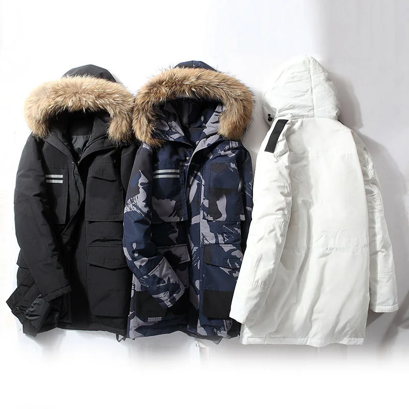 

Fashion Quality Doudoune Homme Mens Down Jacket Fur Hood Winter Long Coat Print Brand