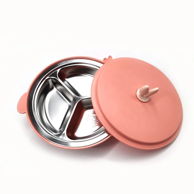 

Compartment tableware Stainless Steel Silicone Dinner Plate Insulation Dinner Plate Baby Dishes Set, Blue pink
