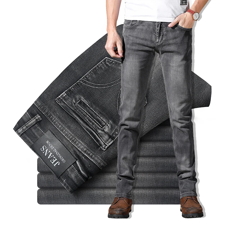 

2021 New Men's Stretch Regular Fit Jeans Business Casual Classic Style Fashion Denim Trousers Male Black Gray Pants, Picture color