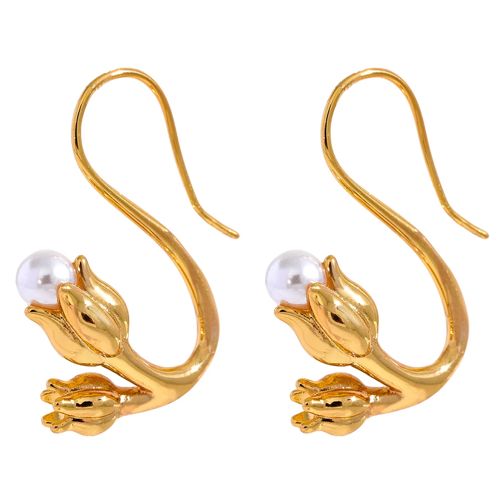 

JINYOU 1398 Fashion Artificial Pearls Tulip Flower Earrings 18K PVD Gold Color Charm Copper Fashion Jewelry Gala Gift