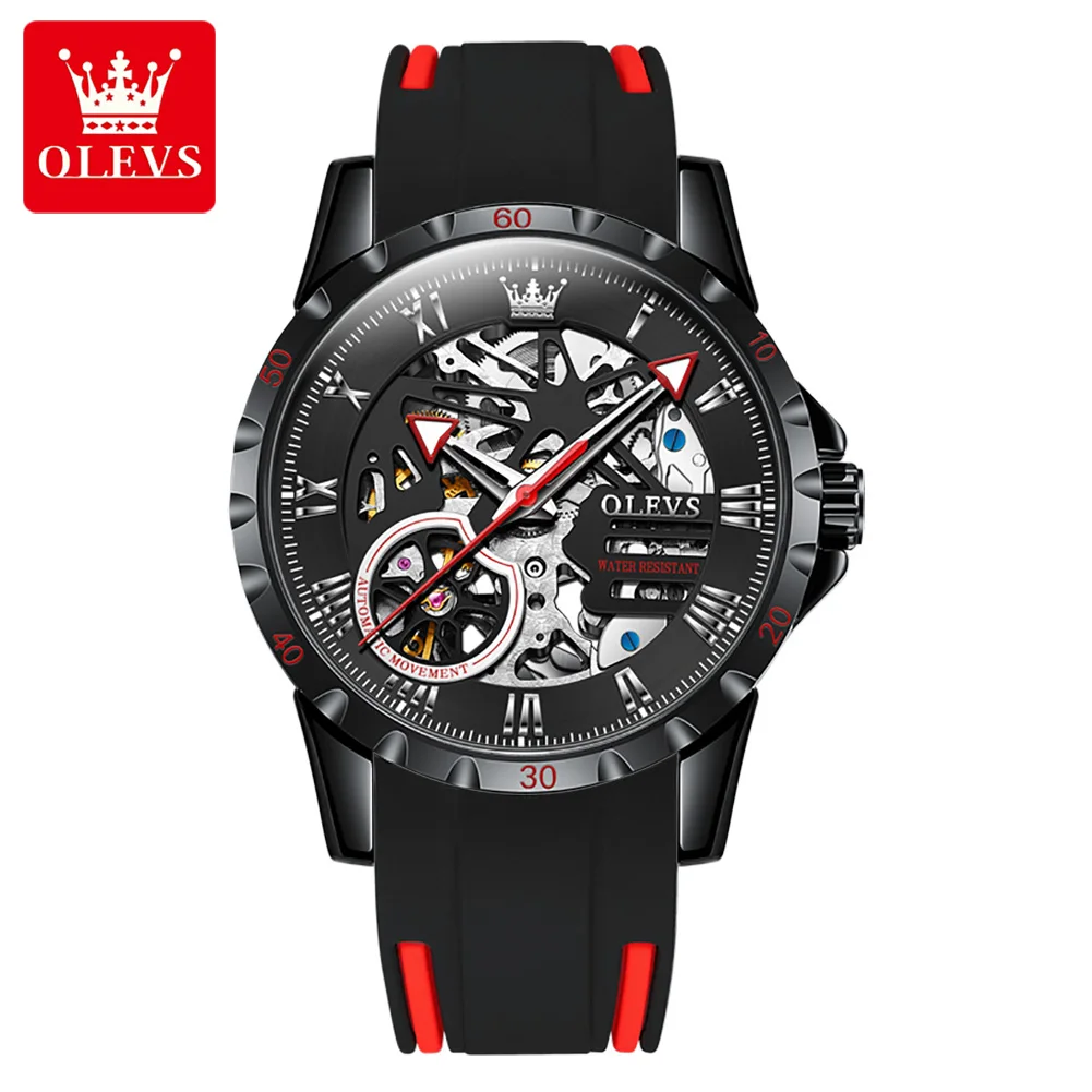 

OLEVS 9918 OEM Fashion Men Automatic Self Wind Skeleton Mechanical Red Black Rubber Strap Fashion Tonneau Hollow Out Mens Watch