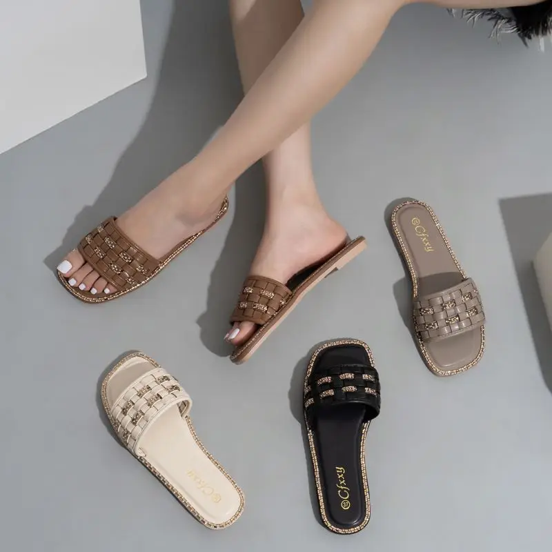 

2022 Summer new arrival fashion flat weave rhinestone casual slippers women shoes chic plus size outdoor beach slide&slippers, Four colors or customized