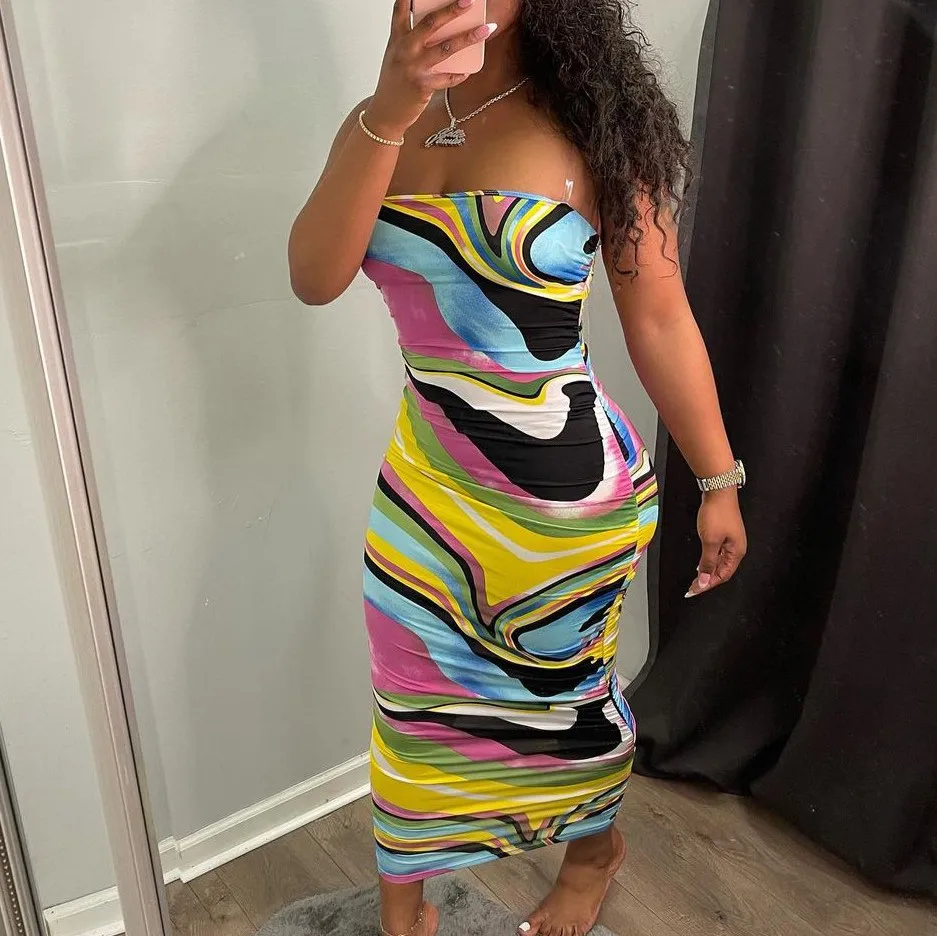 

2021 New Arrivals Women Clothes Multicolored Print Ruched Summer Strapless Maxi Dress Womens Sleeveless Printed Dresses