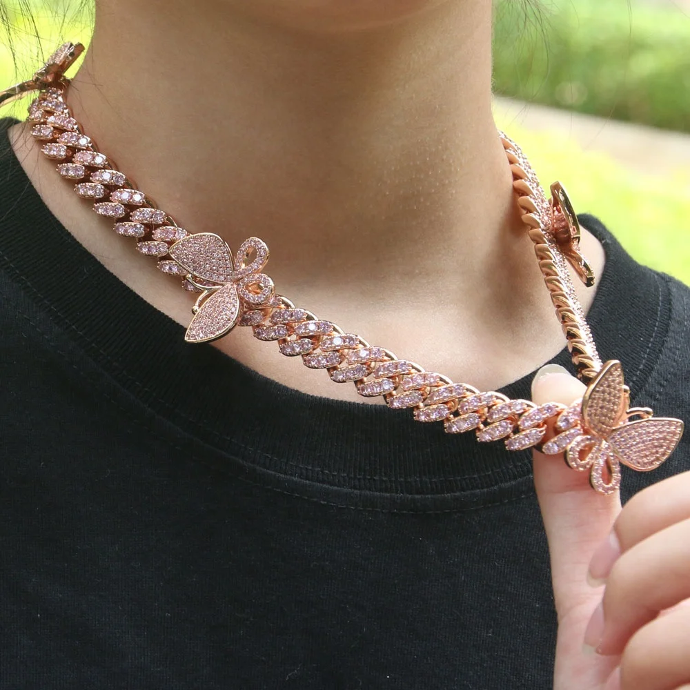 

Hot selling 12mm butterfly Cuba chain CZ hip hop jewelry different styles butterfly Cuba Necklace