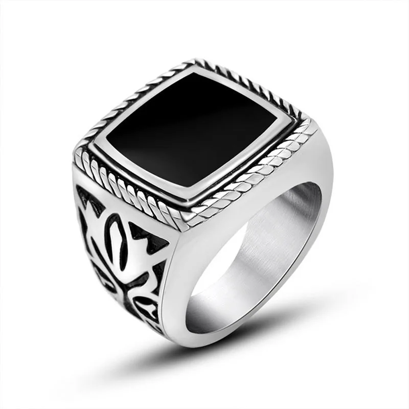 

2021 Sailing Jewelry Retro Epoxy Ring Embossed Square Pattern Ring Titanium Steel Embossed Pattern Ring