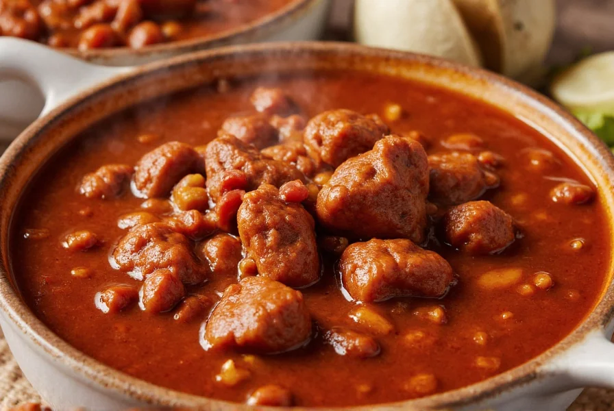 Close-up of steaming bowl of authentic Texas-style chili with tender beef chunks and rich red broth