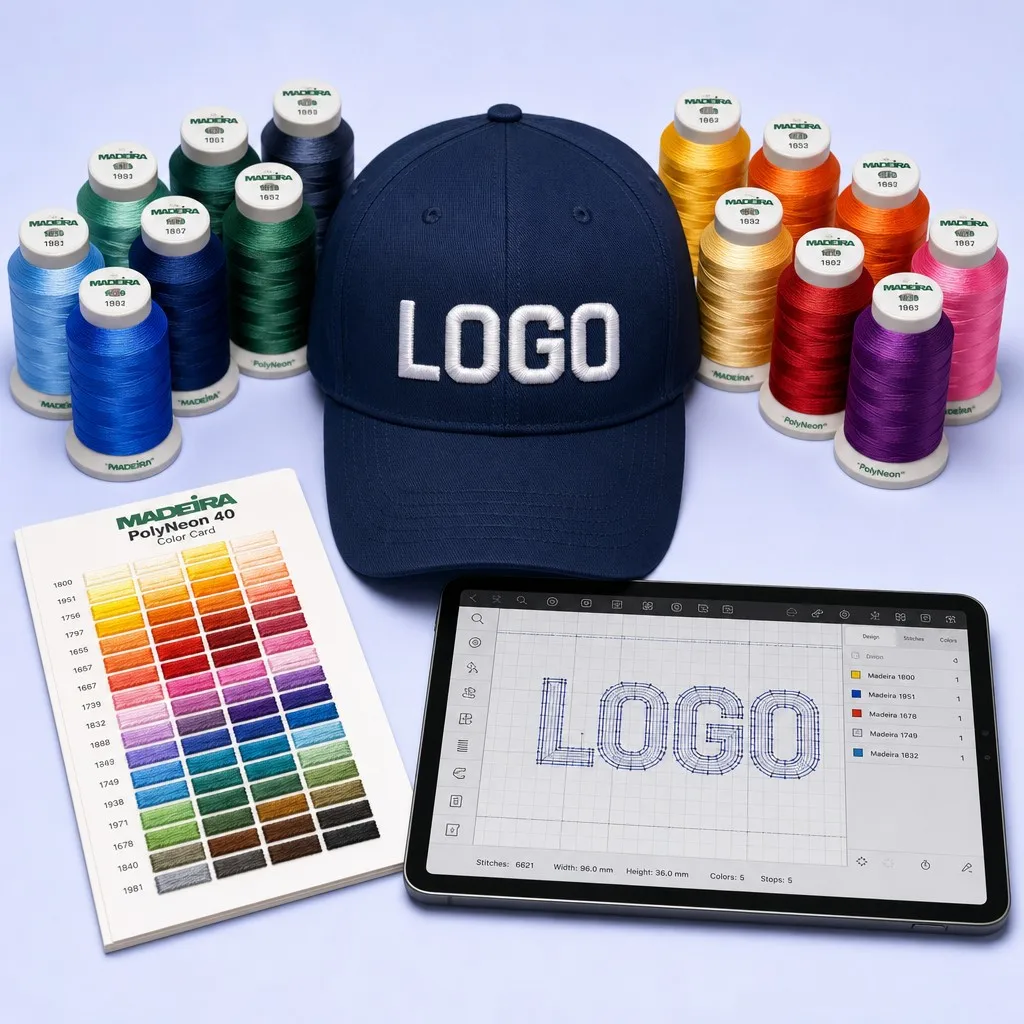 Embroidery Digitizing Lab with Madeira PolyNeon 40 Thread Spools, Color Card, and Tablet Vector Stitch Simulation