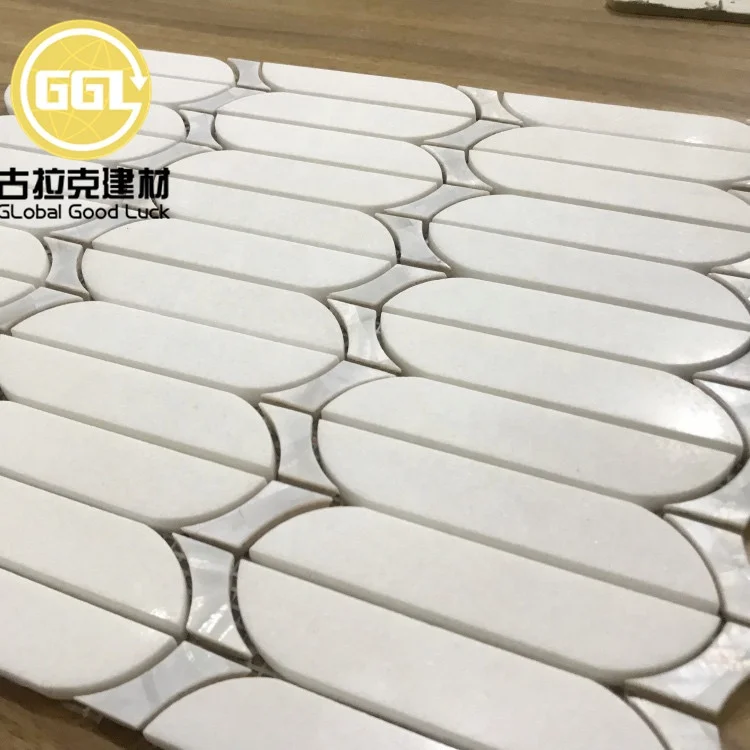 Waterjet Mosaic Tile White Nature Shell Mix Marble Bathroom Accent Wall Tile manufacture