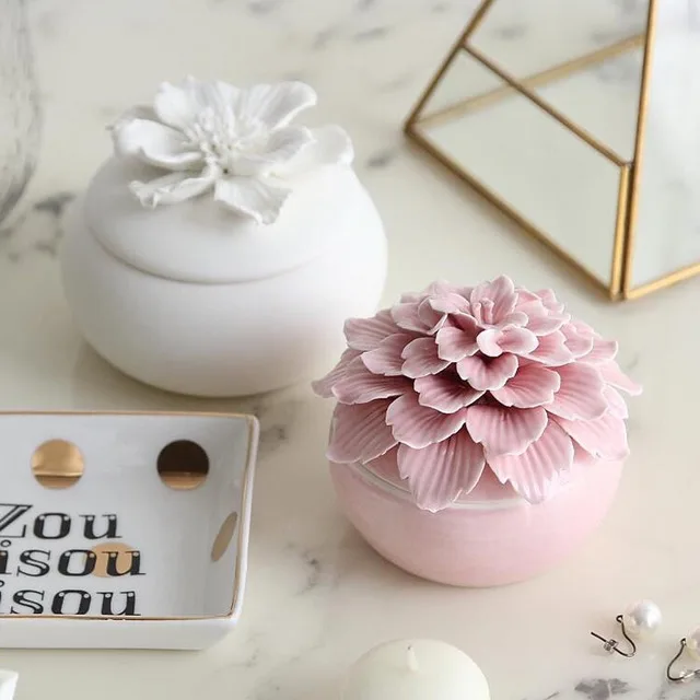 

retro household items handmade freehand ceramic flower jewelry storage box, White, pink