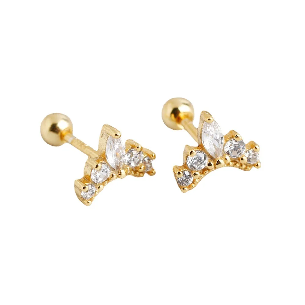 fashion 925 silver crown shape stud ball back earrings gold plated piercing stud earring for women jewelry