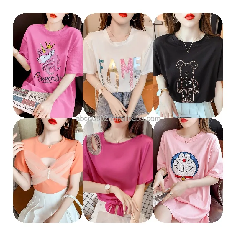 

2021 New design Summer Ladies Casual Diamond Print Crewneck T-shirt Discount price