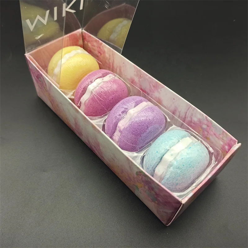 

Wholesale Private Label 100% Organic Vegan Macaron Bath Bombs Set Low Price 4PCS 50g Essential Oils Macarons Bath Bombs Gift Set