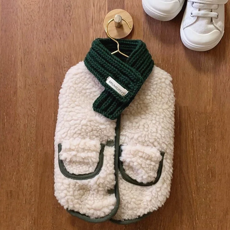 

Korean version hot sale wholesale Send scarf autumn and winter thick warm pet cotton coat cat corgi dog clothes, Beige