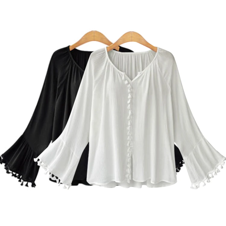 

New Fashion Spring Ladies Blouses&tops Chiffon flare sleeve tassel lace shirt, Black,white