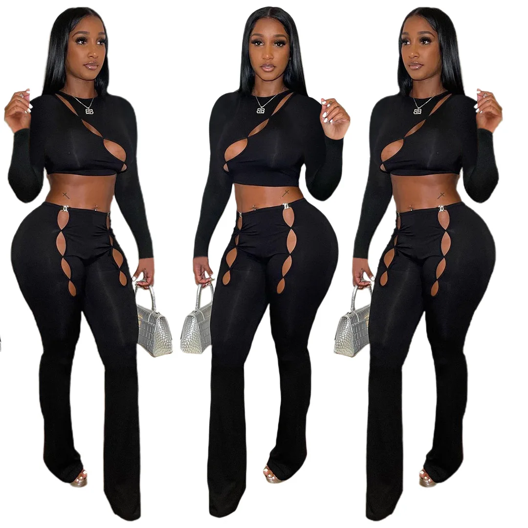 

Sexy Hollow Out Long Sleeve Crop Top Two Piece Pants Set Fashion See Through Club Outfits For Women, Picture color