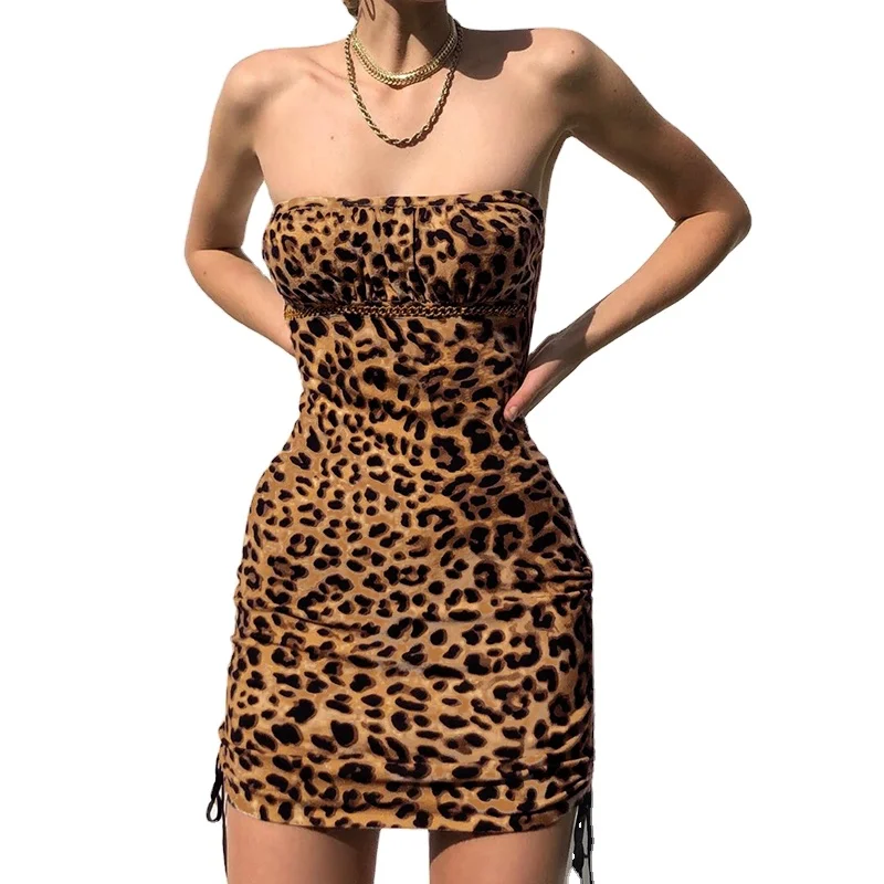

SD0114 2021 AINI Hot Selling Summer Leopard Print Strapless Off Shoulder Backless Tube Top Dresses