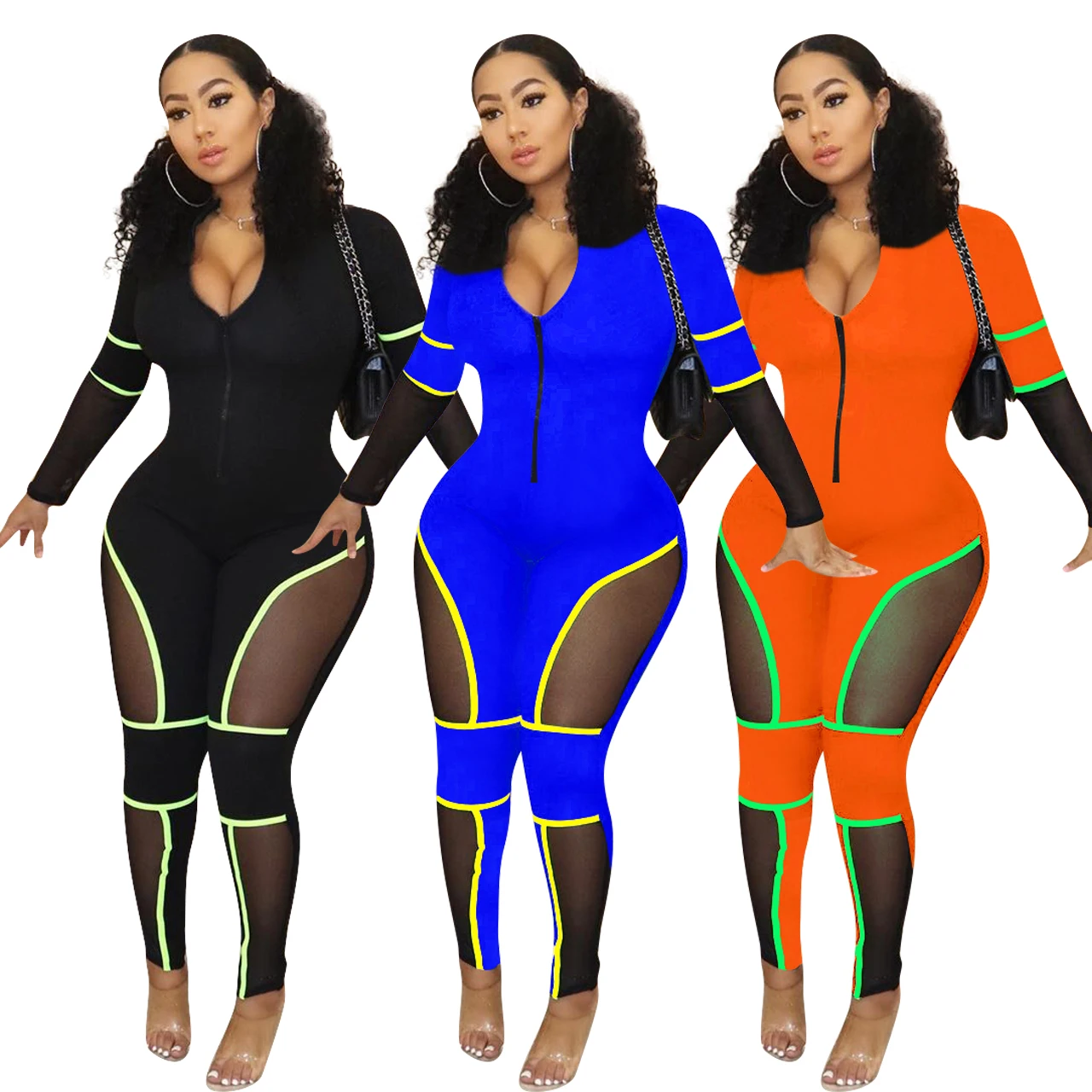 

stripe zipper patchwork color v neck sexy slim ladies mesh jumpsuit for women clothing FM-Y8120, As pictures