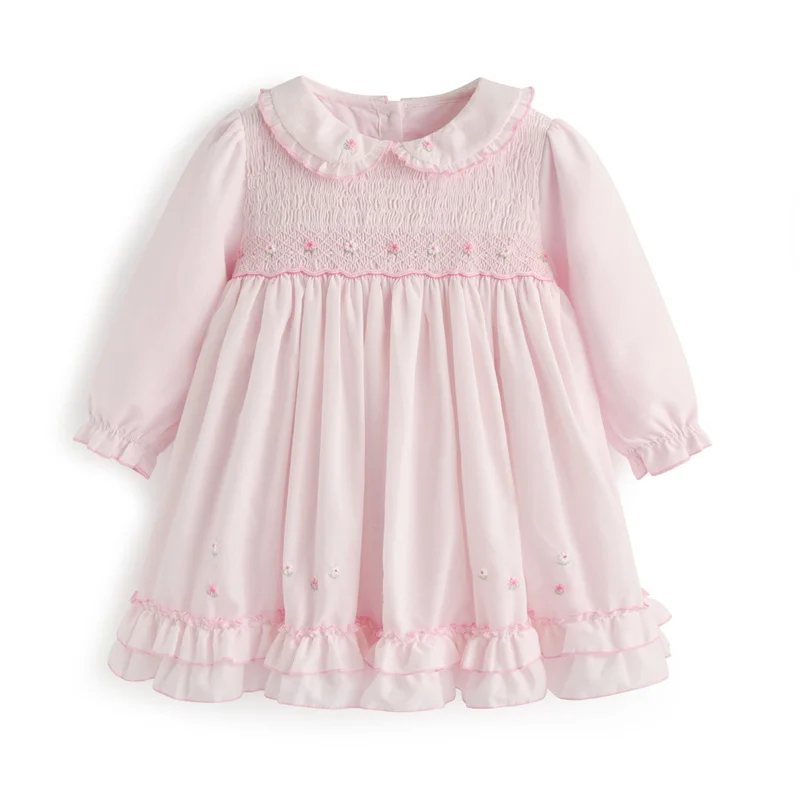 

Kids Boutique Clothing Girls Hand Made Smocking Pink Dress Children Smocked Embroidery Flower Pink Dresses Baby Smock Frock