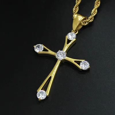 

Newest Christian 18k Gold Plated Micro Pave Zircon Cross Necklace Stainless Steel CZ Cross Pendant Necklace For Women Men