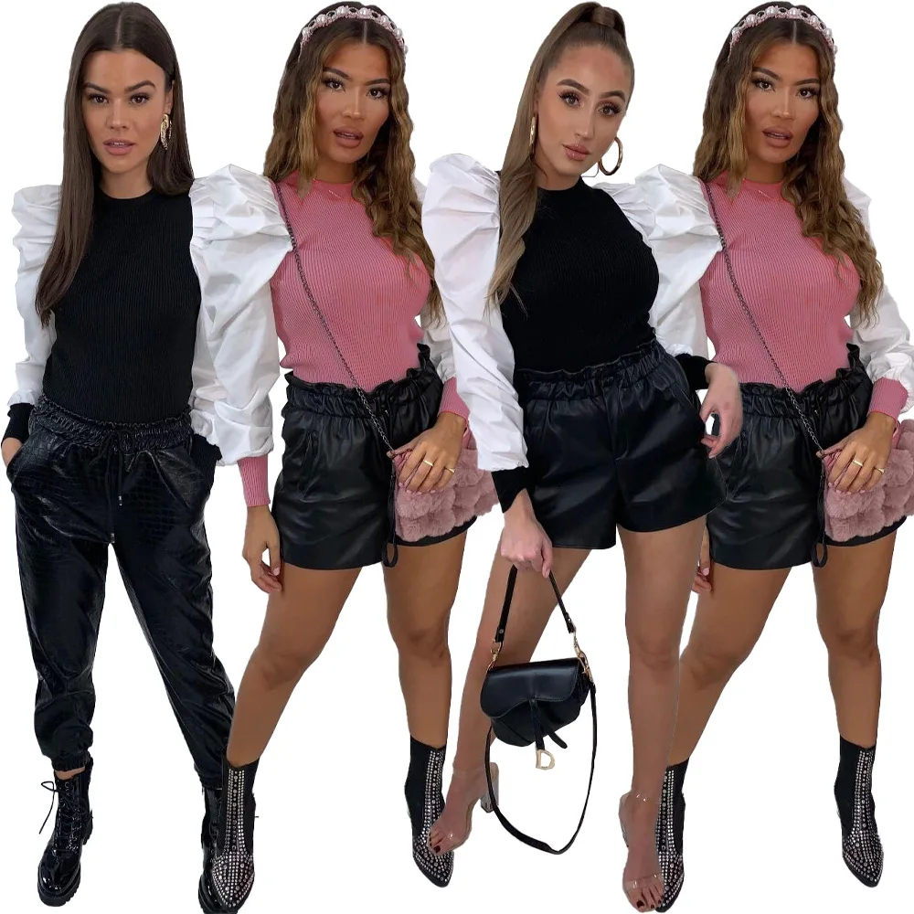 

Winter and autumn ladies fashion new product casual solid color slim puff sleeve blouse