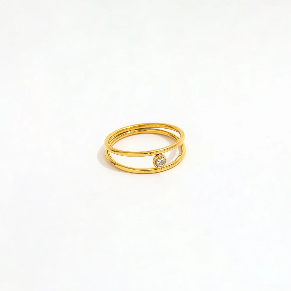 High End 18K PVD Gold Plated Double Layer Mini Zirconia Ring Stainless Steel Women Ring Tarnish Free Fashion Jewelry