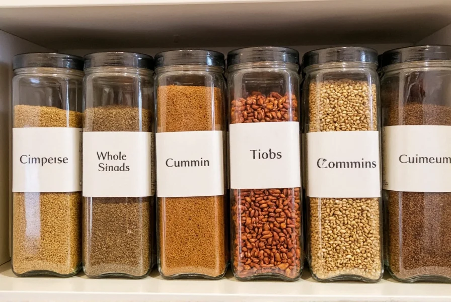 Whole cumin seeds stored in glass jars with proper labeling for kitchen organization