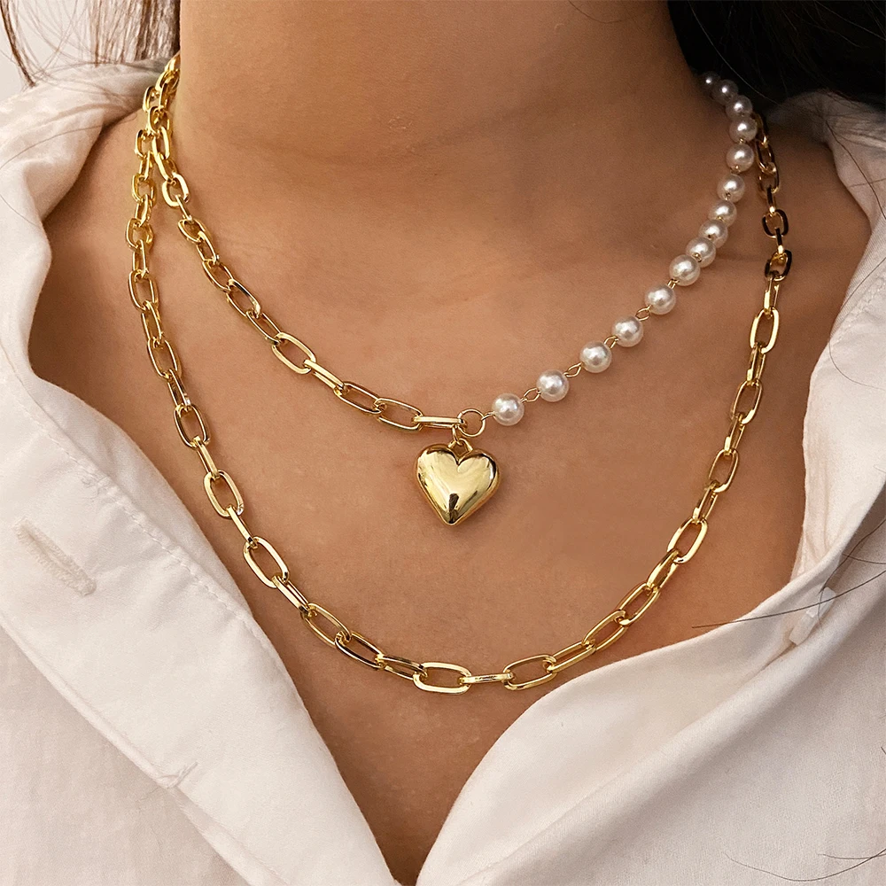 

Popular Pearl chain Cuba chain stitching necklace Heart pendant necklace Female Gift For Women Jewelry Chain Necklace, Gold