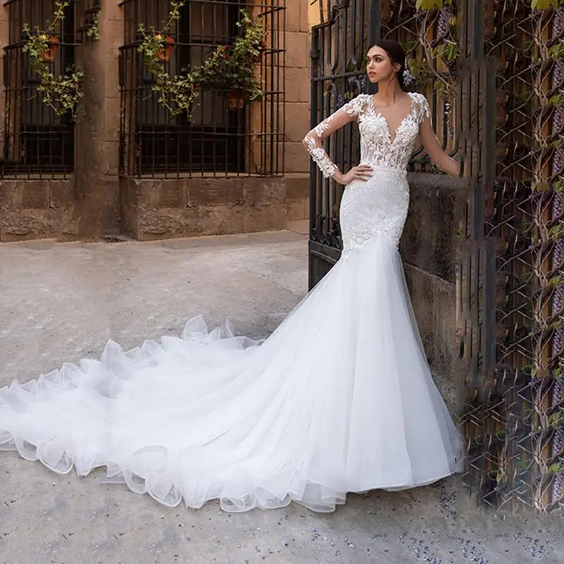 

Retro Full Lace Wedding Dresses 2021 Long Sleeves Sweep Train Bridal Gowns Elegant V Neck Covered Button robe Designer, Custom made