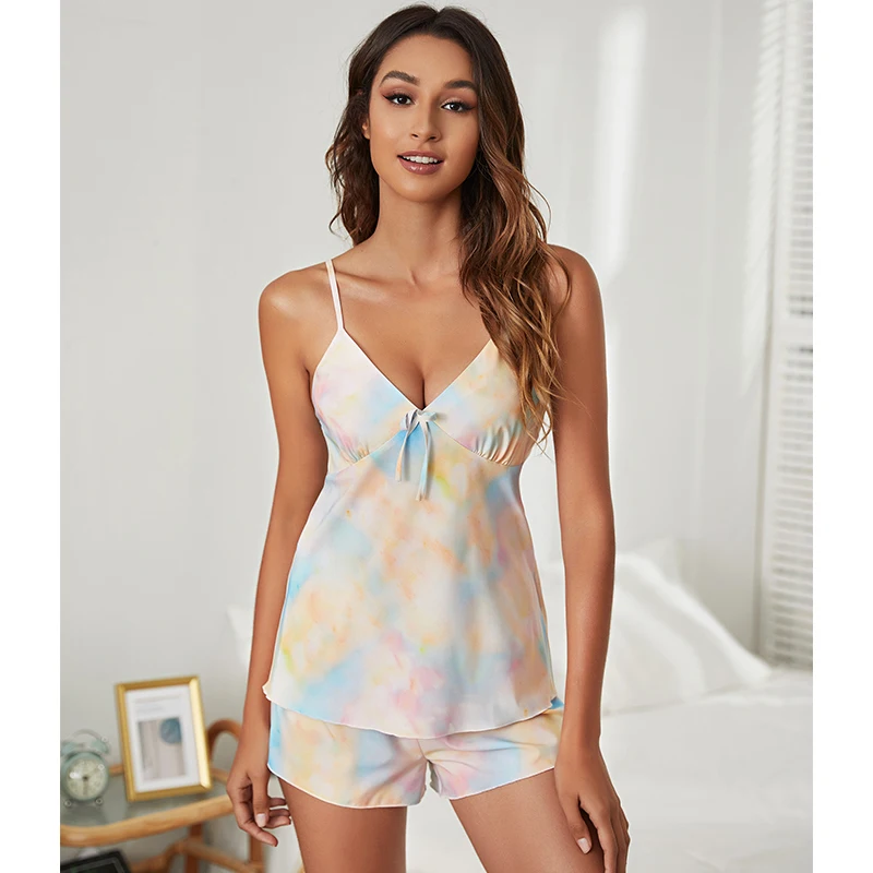 

2 piece v-neck print sleepwear for women backless satin set pigiama